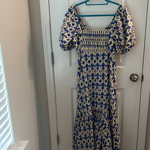 Zara Ikat Maxi Tiered Dress, Ivory Blue Black Pink size Large - Picture 14 of 17